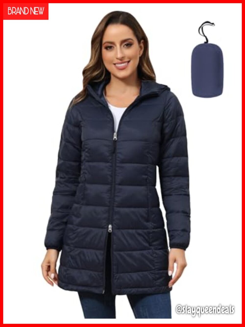 Plus Size Packable Hooded Long Puffer Coat with 2-Way Zipper